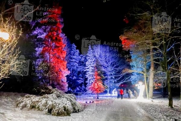 03.12.2023 |  Schlosspark Laxenburg |  2023 – Installationen internationaler Lichtkünstler<br>im Bild:<br> SINGENDE BÄUME, Besucherinnen u. Besucher -im Schnee,