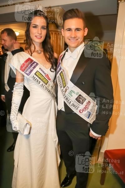 04.02.2016 |   Wiener Staatsoper |  am Ball der B&auml;lle<br>im Bild:<br> Miss Austria 2015 Annika Grill, Mister Austria 2015 Fabian Kitzweger